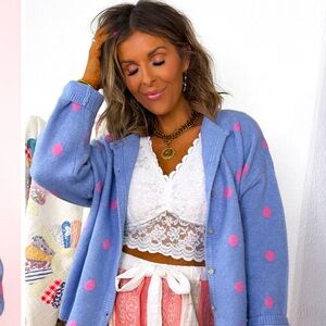 Le Lis Blue Button-Front Sweater with Pink Polka Dots
